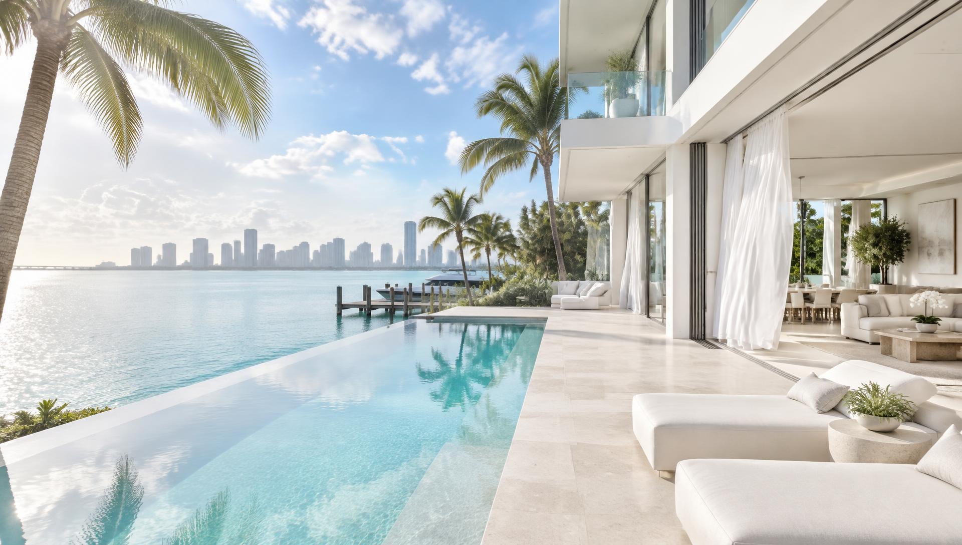 Bright modern waterfront villa with pool on Biscayne Bay